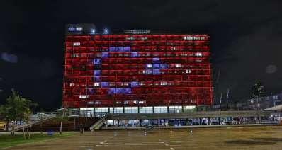 בניין עיריית תל אביב מואר בצבעי דגל טורקיה. צילום: עיריית תל אביב-יפו