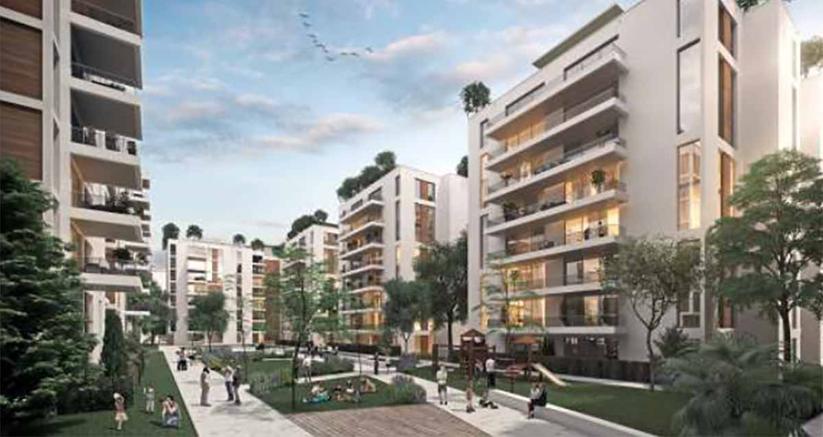 פרויקט לה גווארדיה 34-45, כך ייראה המרחב הפנימי בין הבניינים. גינה רחבה עם מדשאות, מדרכות, עצים ופינת משחקים לילדים. בתים של 9 קומות מסביב למרחב הפנימי.