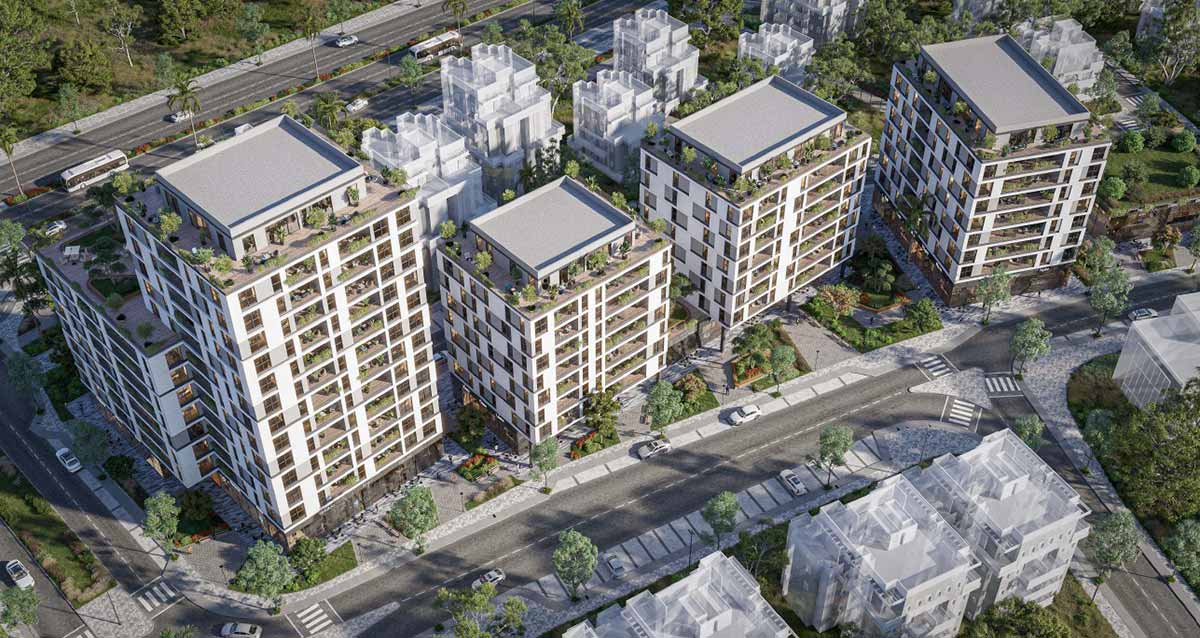 מתחם הקשת גיגית - מבט מרחוב הקשת. ארבעה מגדלי מגורים בני 8 קומות ואחד בן 14 קומות. מבט על.