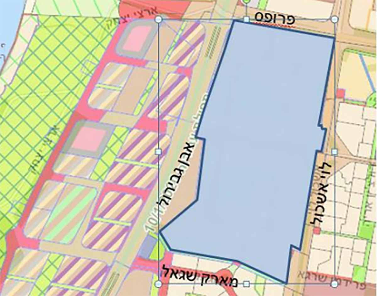 תוכנית נופי ים צפון. המתחם חסום על ידי הרחובות: אבן גבירול, פרופס, לוי אשכול ומארק שגאל. משמאל למתחם רצועת מגורים ולאורך הים רצועה ירוקה.