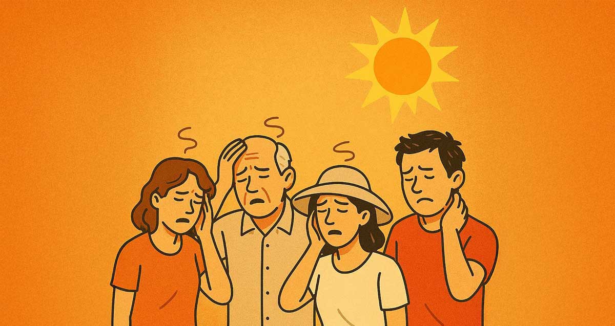 איור של עומס חום. שני זוגות בשמש הלוהטת עם פנים סובלות מחום, ועיניים עצומות. ידיים על הפנים.