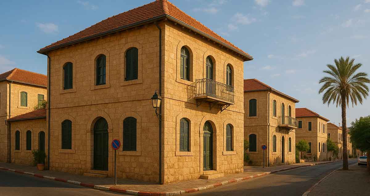 הדמיה של המושבה האמריקאית-גרמנית בתל אביב יפו. בתים של שתי קומות עם גגות רעפים אדומים.