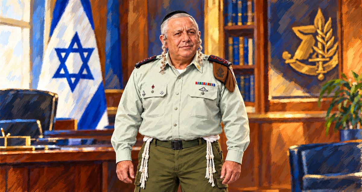 איור AI של גדי אייזנקוט במדי צה"ל, עם כיפה שחורה, פאות, ציציות וכומתת גולני בכותפת