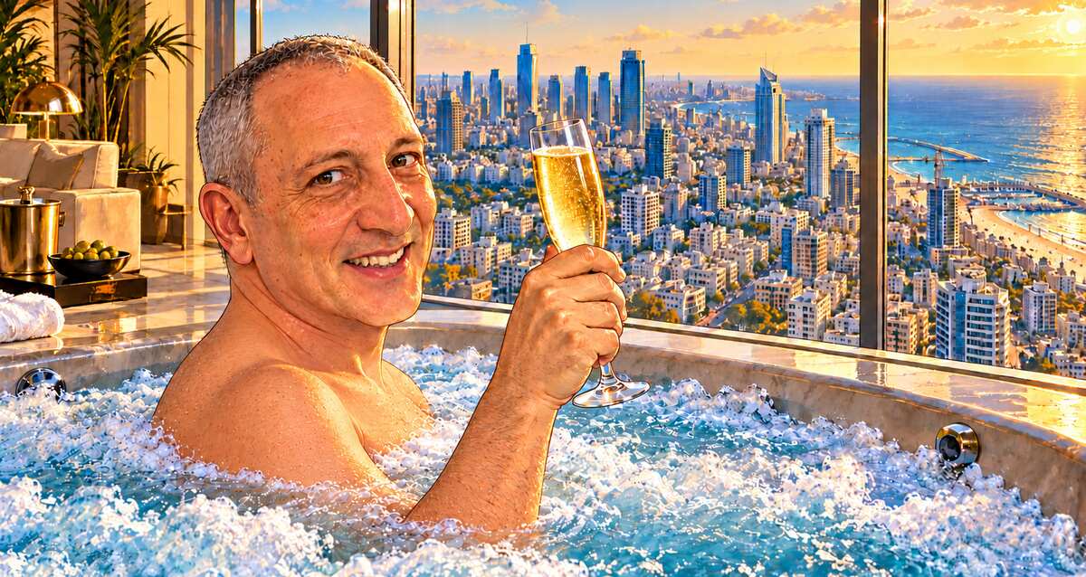 קריקטורה של ניר חפץ בג'קוזי, מרים כוס שמפניה מול נוף תל אביב