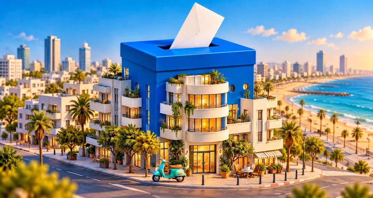 איור של קלפי כחולה המשולבת בבניין תל אביבי, על רקע קו החוף